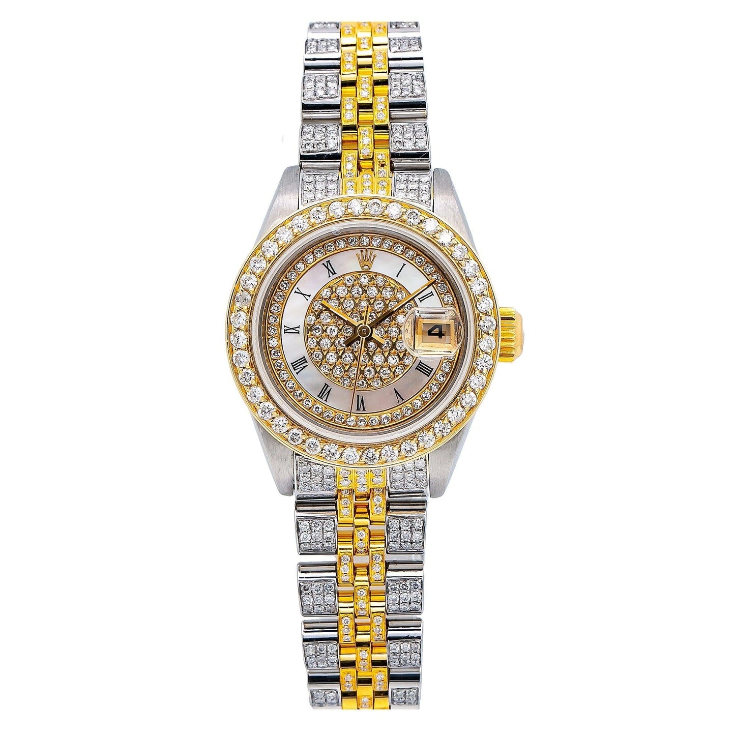 Rolex Datejust 26MM 6917 Diamond Paved Mother of Pearl Roman Dial Diamond Bezel Two Tone Yellow Gold Full Diamond Jubilee Bracelet 5.25ct