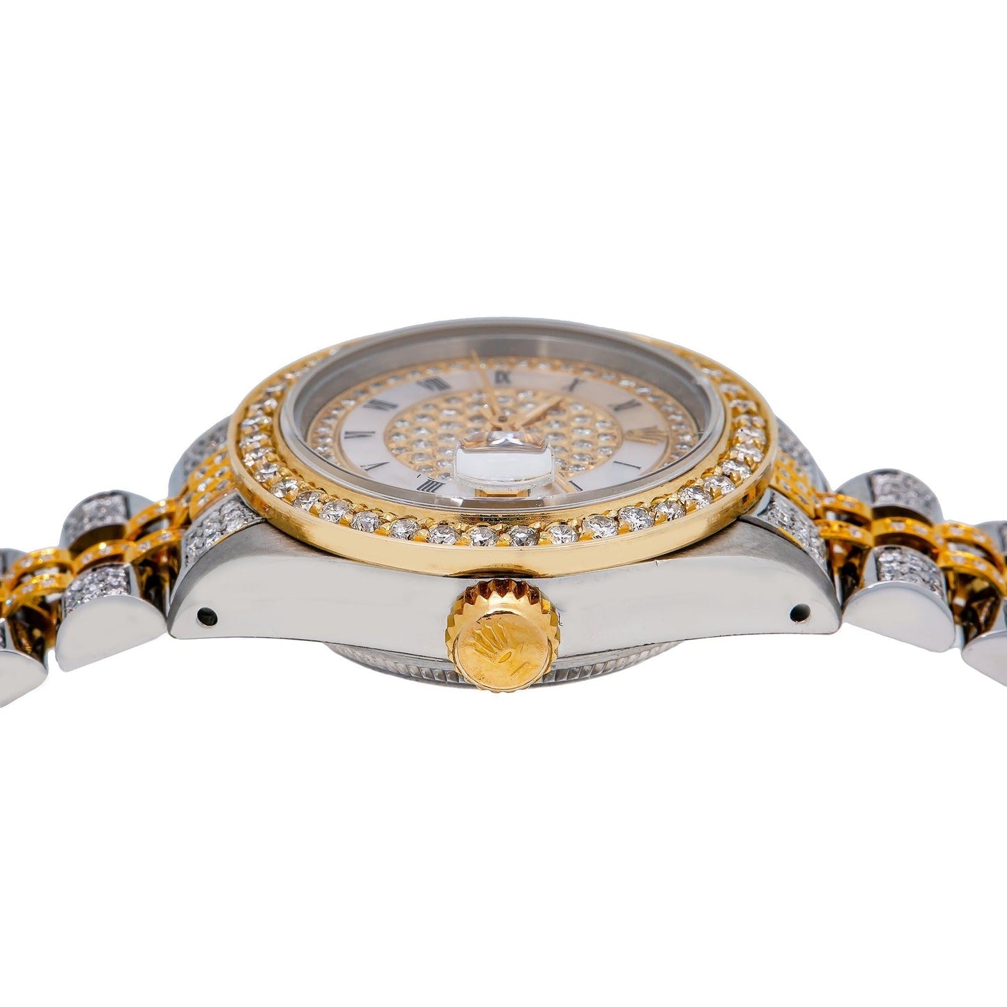 Rolex Datejust 26MM 6917 Diamond Paved Mother of Pearl Roman Dial Diamond Bezel Two Tone Yellow Gold Full Diamond Jubilee Bracelet 5.25ct