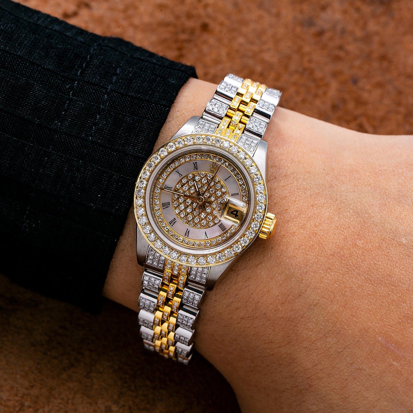 Rolex Datejust 26MM 6917 Diamond Paved Mother of Pearl Roman Dial Diamond Bezel Two Tone Yellow Gold Full Diamond Jubilee Bracelet 5.25ct