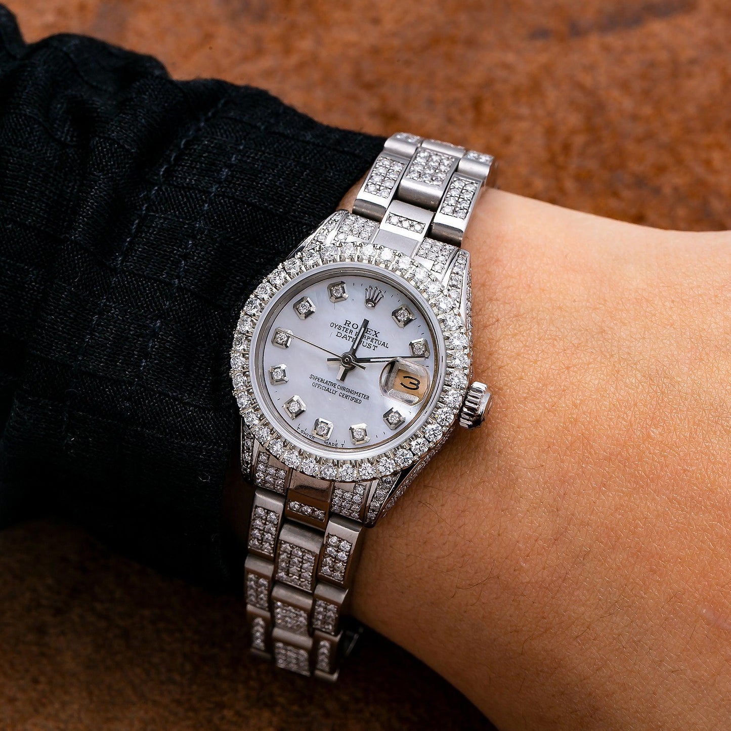 Rolex Datejust 26MM 69160 Mother of Pearl Diamond Dial Diamond Bezel Stainless Steel Full Diamond Oyster Bracelet 5.75ct