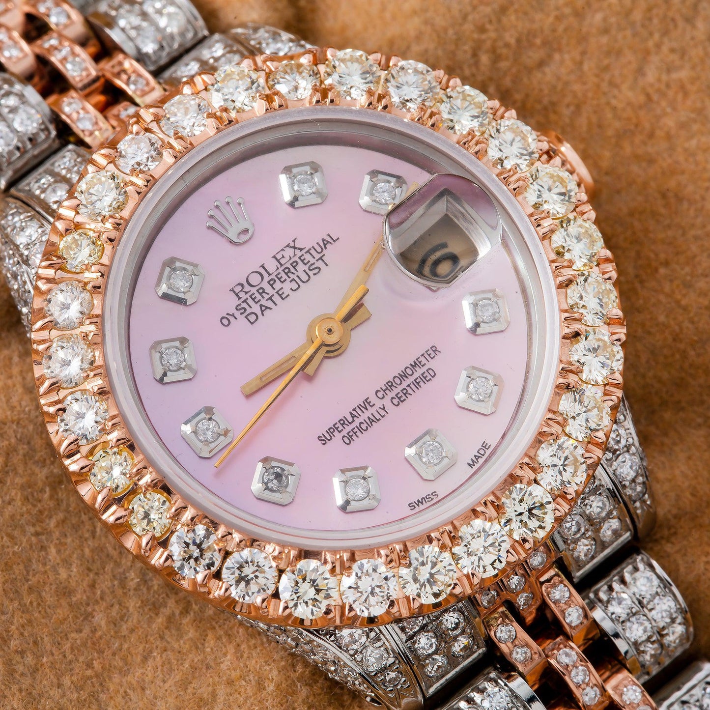 Rolex Datejust 26MM 6917 Pink Mother of Pearl Diamond Dial Diamond Bezel Two Tone Rose Gold Full Diamond Jubilee Bracelet 7.25ct