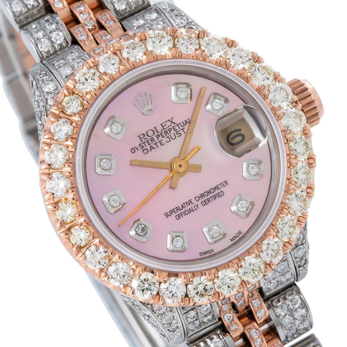 Rolex Datejust 26MM 6917 Pink Mother of Pearl Diamond Dial Diamond Bezel Two Tone Rose Gold Full Diamond Jubilee Bracelet 7.25ct