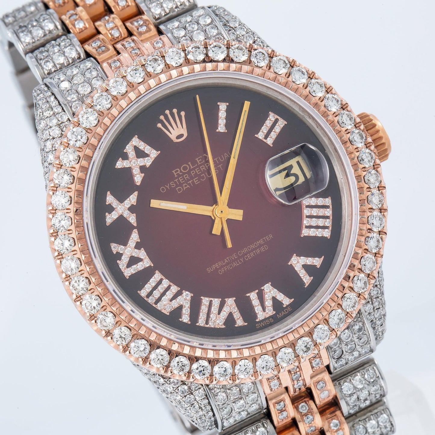 Rolex Datejust 36MM 1601 Red Roman Diamond Dial Diamond Bezel Two Tone Rose Gold Full Diamond Jubilee Bracelet 8.25ct