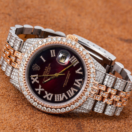 Rolex Datejust 36MM 1601 Red Roman Diamond Dial Diamond Bezel Two Tone Rose Gold Full Diamond Jubilee Bracelet 8.25ct