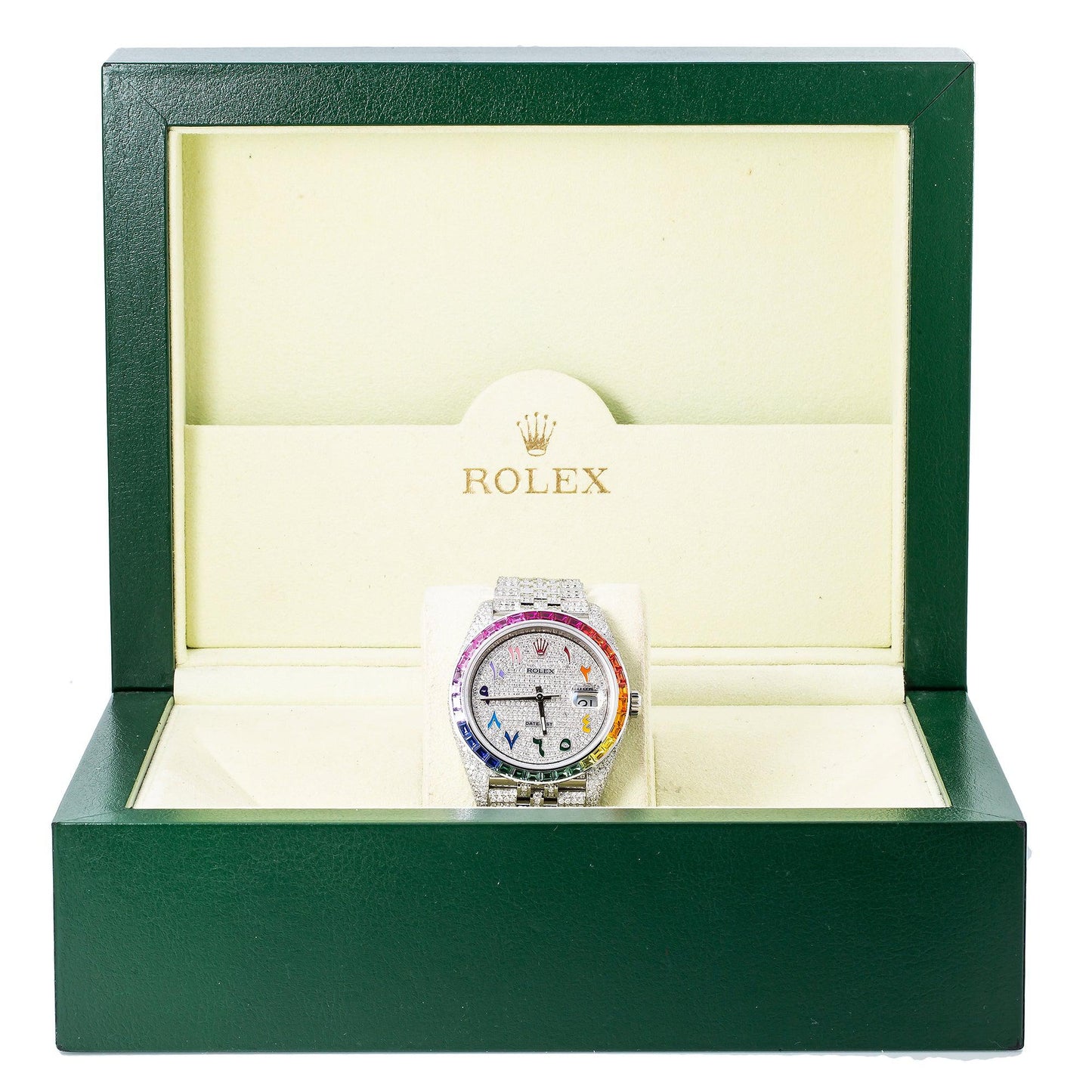 Rolex Datejust 41MM 126300 Diamond Paved Rainbow Eastern Arabic Dial Rainbow Gemstone Bezel Stainless Steel Full Diamond Jubilee Bracelet 14.75ct