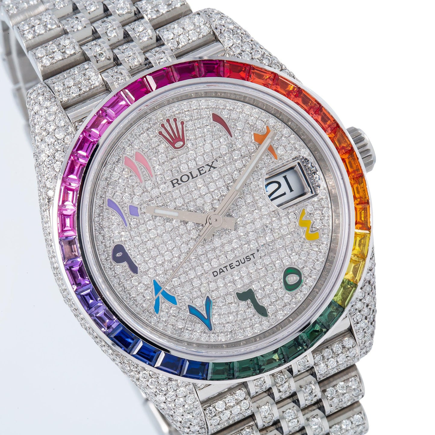 Rolex Datejust 41MM 126300 Diamond Paved Rainbow Eastern Arabic Dial Rainbow Gemstone Bezel Stainless Steel Full Diamond Jubilee Bracelet 14.75ct