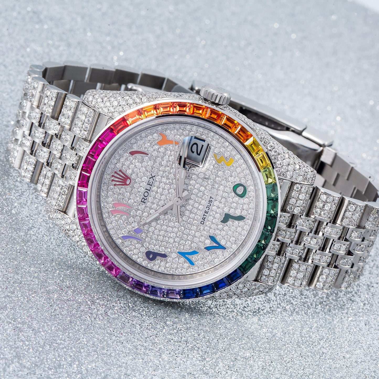 Rolex Datejust 41MM 126300 Diamond Paved Rainbow Eastern Arabic Dial Rainbow Gemstone Bezel Stainless Steel Full Diamond Jubilee Bracelet 14.75ct