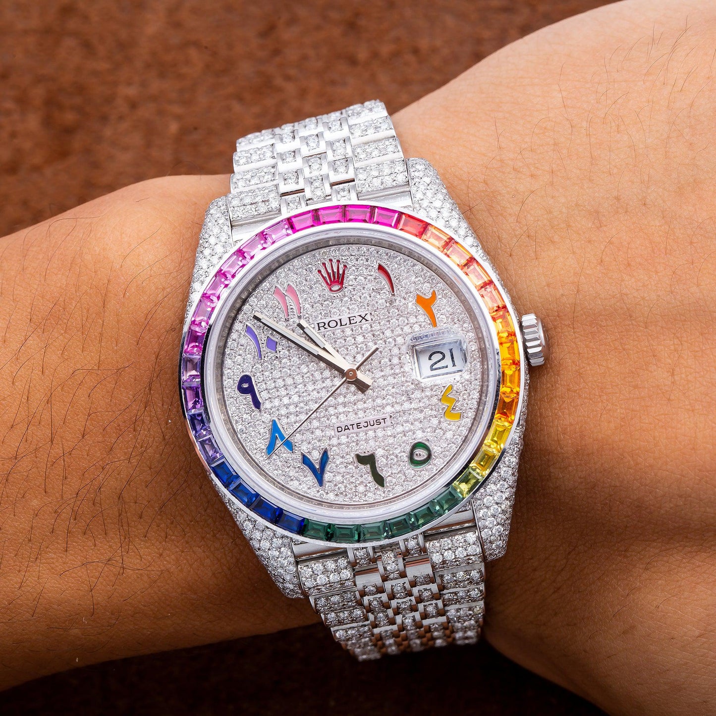 Rolex Datejust 41MM 126300 Diamond Paved Rainbow Eastern Arabic Dial Rainbow Gemstone Bezel Stainless Steel Full Diamond Jubilee Bracelet 14.75ct