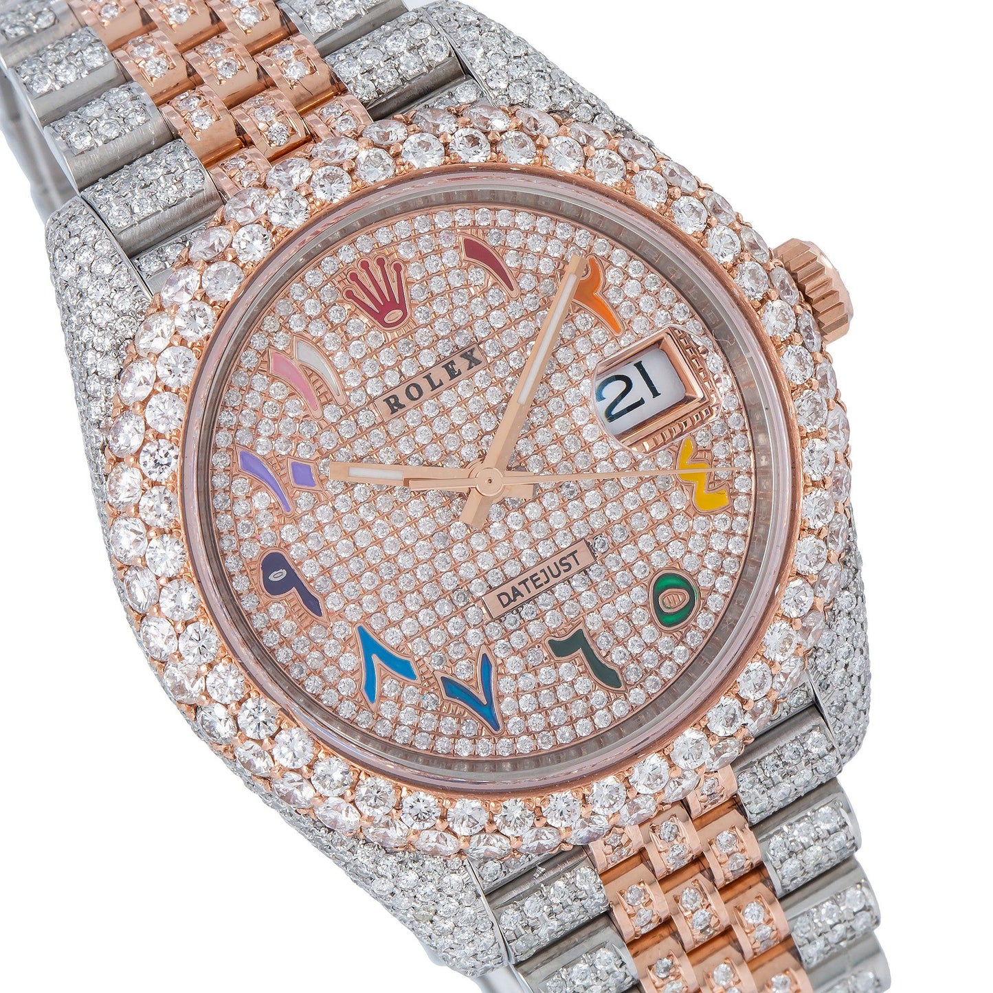Rolex Datejust 41MM 126331 Diamond Paved Rainbow Eastern Arabic Dial Diamond Bezel Two Tone Rose Gold Full Diamond Oyster Bracelet 15.75ct