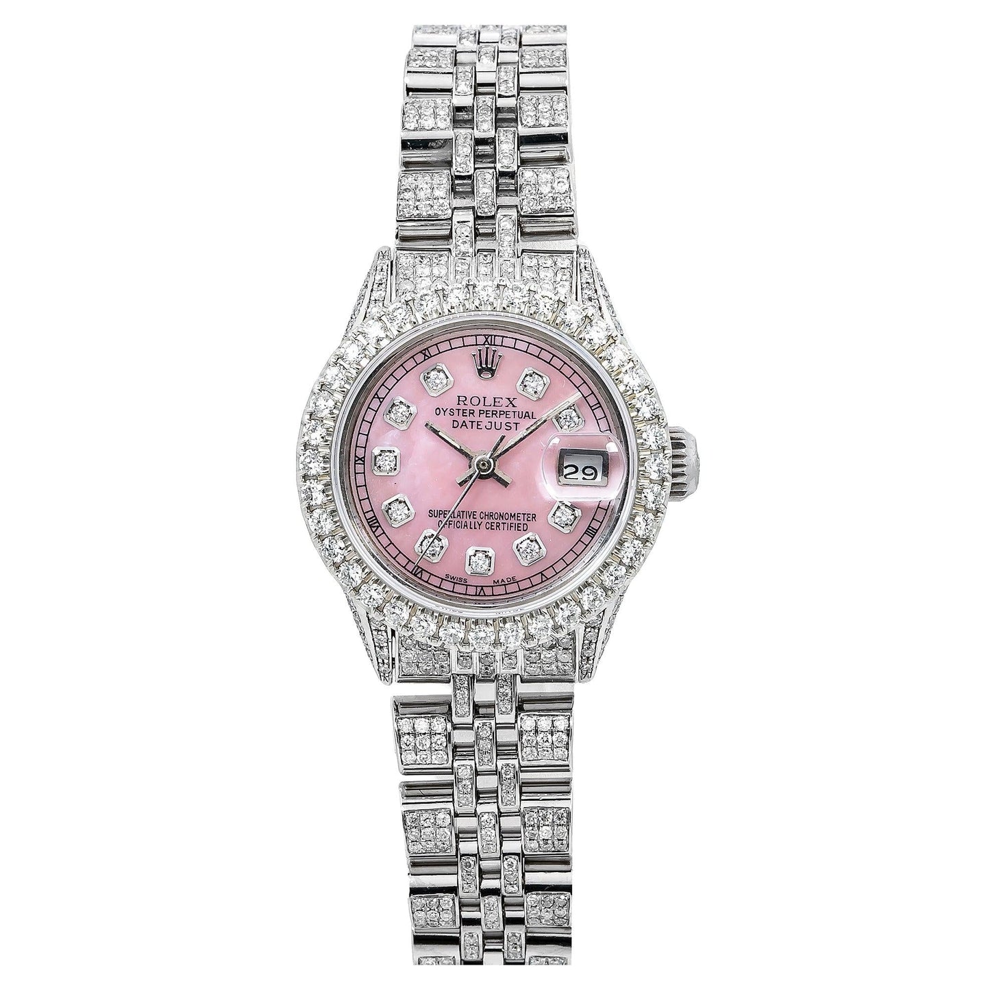 Rolex Datejust 26MM 6916 Pink Mother of Pearl Diamond Dial Diamond Bezel Stainless Steel Full Diamond Jubilee Bracelet 6.75ct