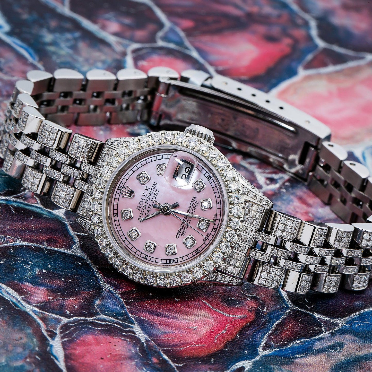 Rolex Datejust 26MM 6916 Pink Mother of Pearl Diamond Dial Diamond Bezel Stainless Steel Full Diamond Jubilee Bracelet 6.75ct