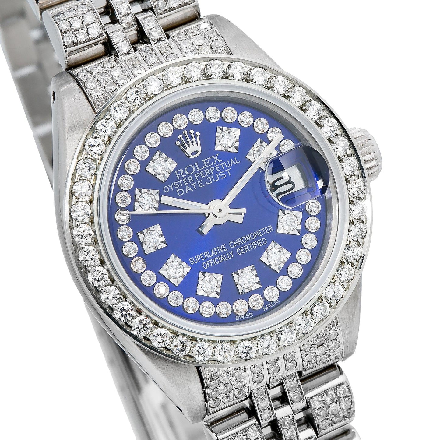 Rolex Datejust 26MM 6916 Blue Diamond Dial Diamond Bezel Stainless Steel Full Diamond Jubilee Bracelet