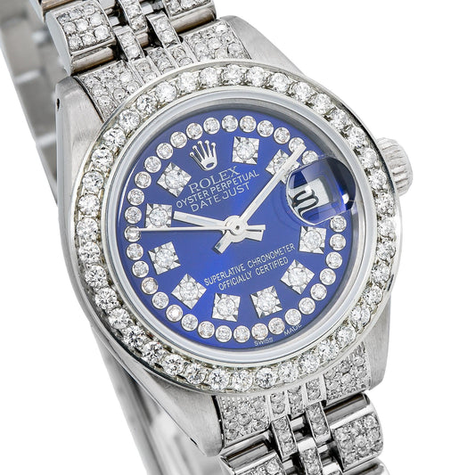 Rolex Datejust 26MM 6916 Blue Diamond Dial Diamond Bezel Stainless Steel Full Diamond Jubilee Bracelet
