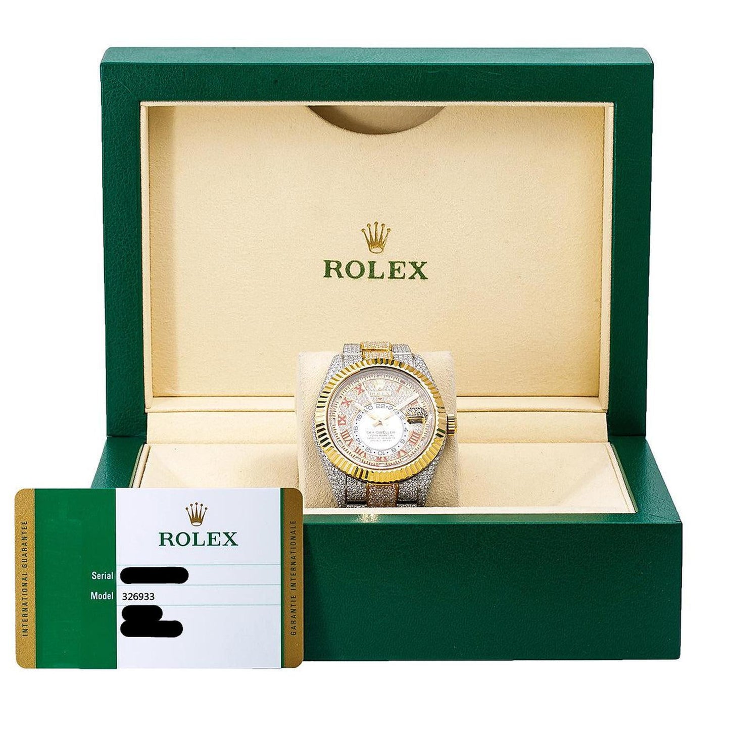 Rolex Sky-Dweller 42MM 326933 Diamond Paved Red Roman Dial Fluted Bezel Two Tone Yellow Gold Full Diamond Oyster Bracelet 25.75ct