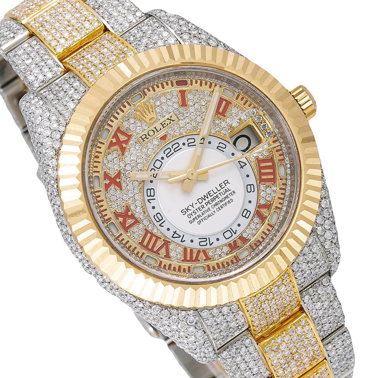 Rolex Sky-Dweller 42MM 326933 Diamond Paved Red Roman Dial Fluted Bezel Two Tone Yellow Gold Full Diamond Oyster Bracelet 25.75ct