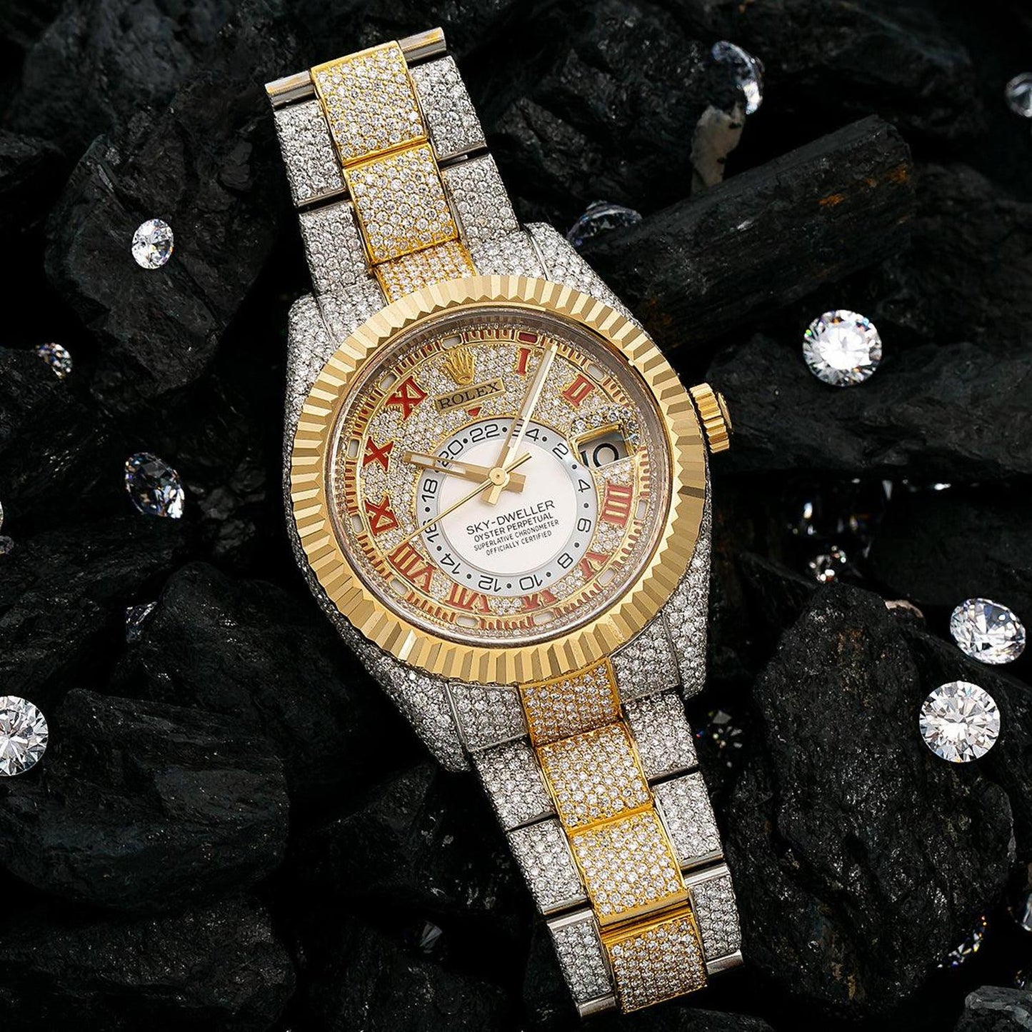 Rolex Sky-Dweller 42MM 326933 Diamond Paved Red Roman Dial Fluted Bezel Two Tone Yellow Gold Full Diamond Oyster Bracelet 25.75ct