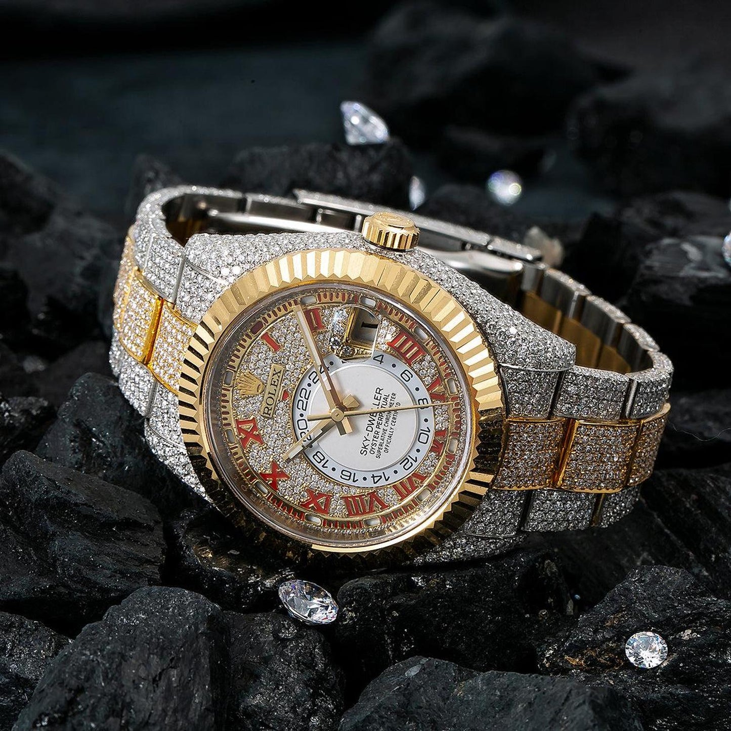 Rolex Sky-Dweller 42MM 326933 Diamond Paved Red Roman Dial Fluted Bezel Two Tone Yellow Gold Full Diamond Oyster Bracelet 25.75ct