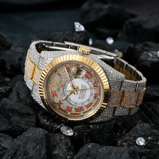 Rolex Sky-Dweller 42MM 326933 Diamond Paved Red Roman Dial Fluted Bezel Two Tone Yellow Gold Full Diamond Oyster Bracelet 25.75ct