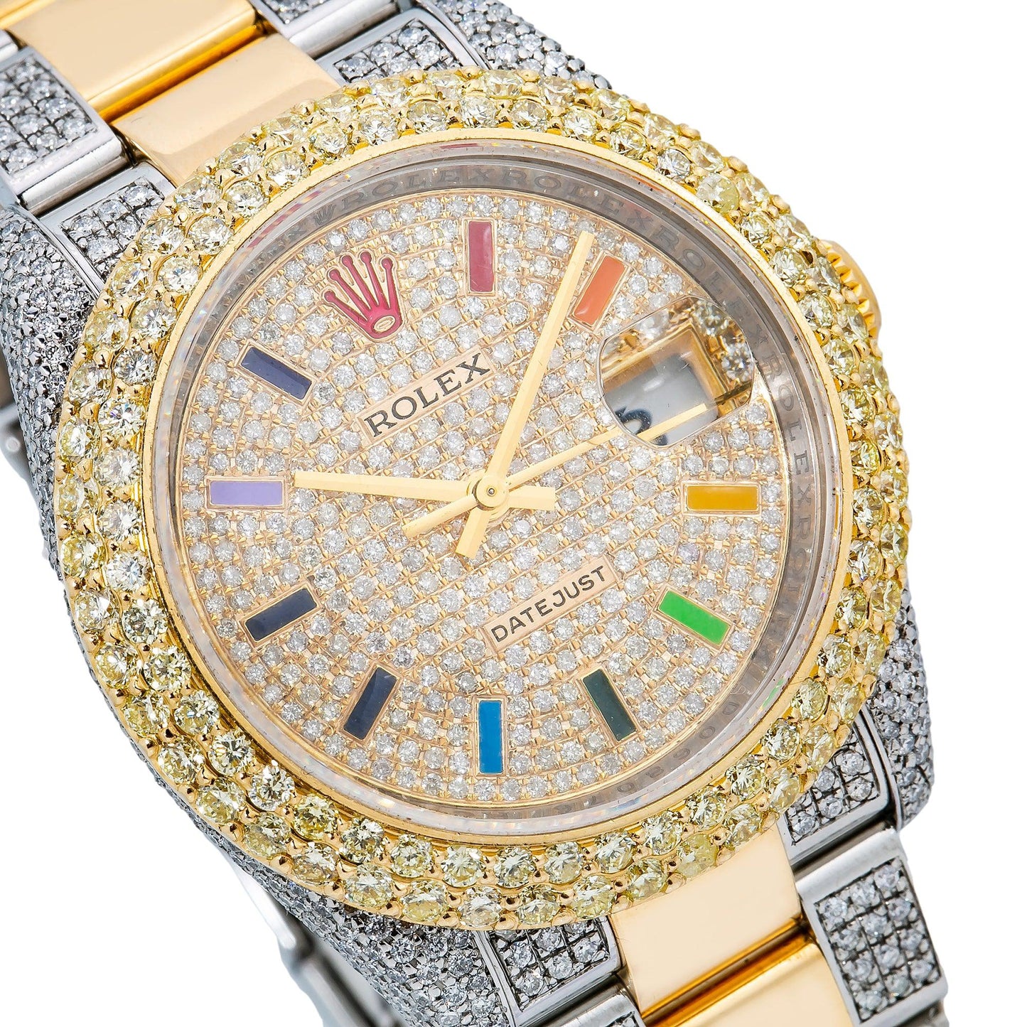 Rolex Datejust 36MM 116203 Diamond Paved Rainbow Hour Dial Diamond Bezel Two Tone Yellow Gold Semi Diamond Oyster Bracelet
