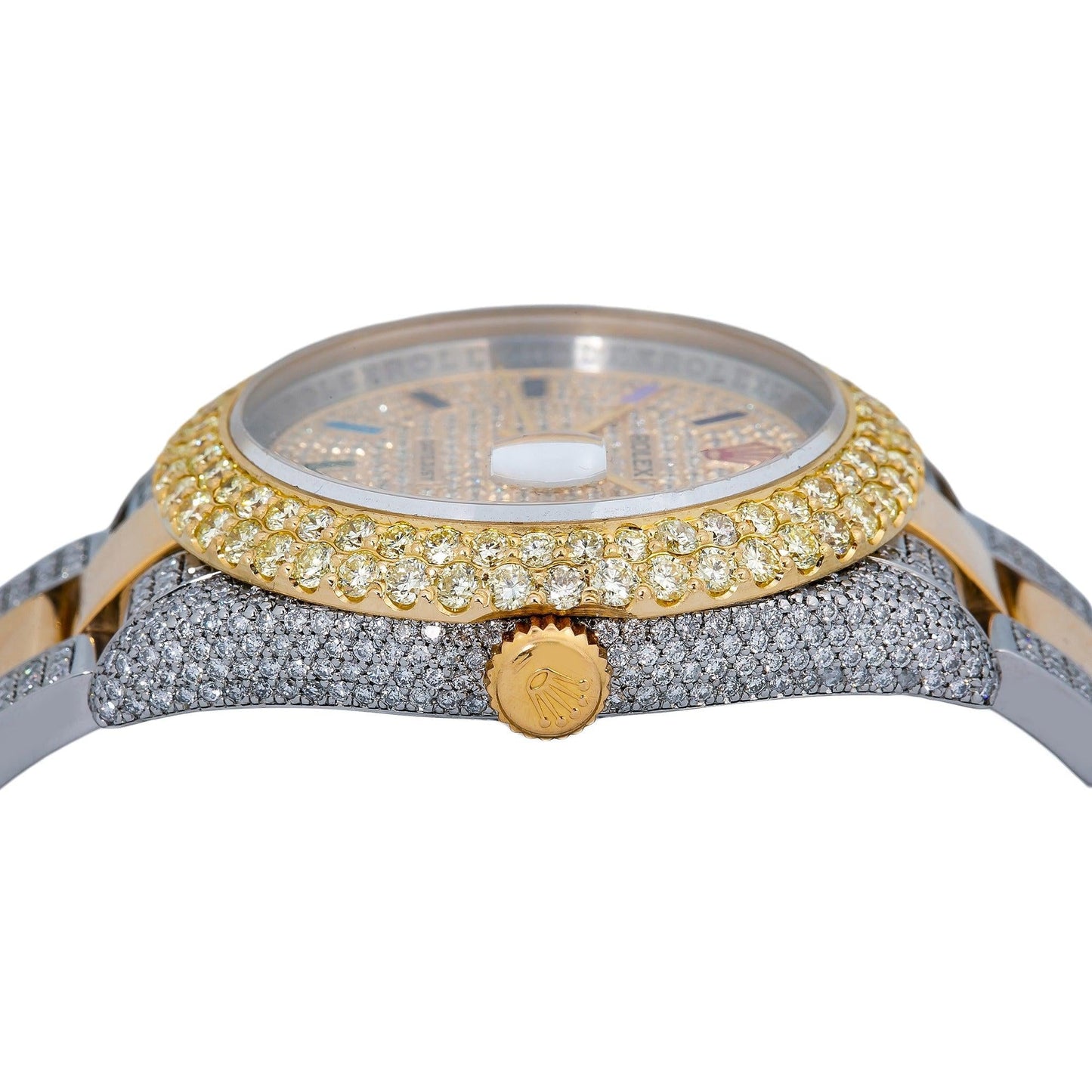 Rolex Datejust 36MM 116203 Diamond Paved Rainbow Hour Dial Diamond Bezel Two Tone Yellow Gold Semi Diamond Oyster Bracelet