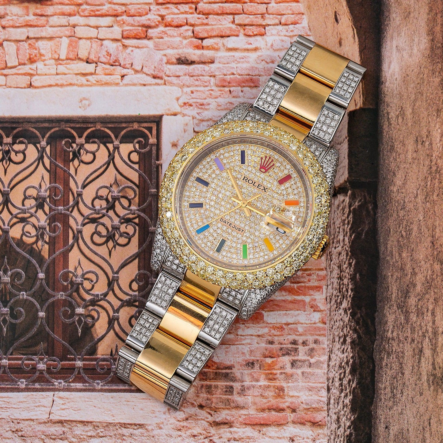Rolex Datejust 36MM 116203 Diamond Paved Rainbow Hour Dial Diamond Bezel Two Tone Yellow Gold Semi Diamond Oyster Bracelet