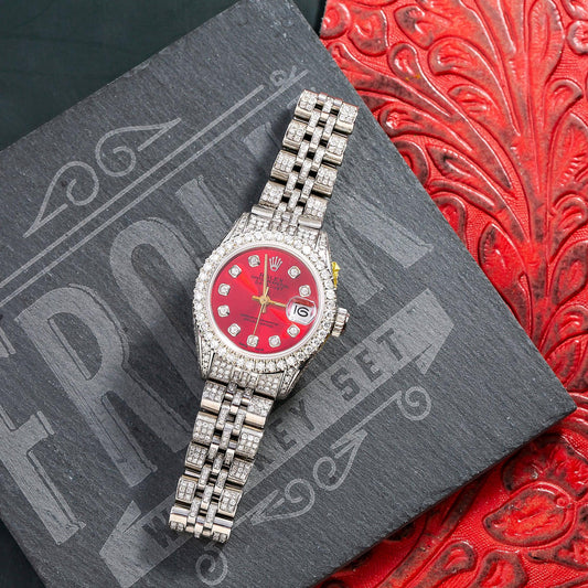 Rolex Datejust 26MM 6916 Red Diamond Dial Diamond Bezel Stainless Steel Full Diamond Jubilee Bracelet