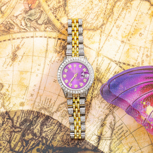 Rolex Datejust 26MM 6917 Purple Diamond Dial Diamond Bezel Two Tone Yellow Gold Full Diamond Jubilee Bracelet