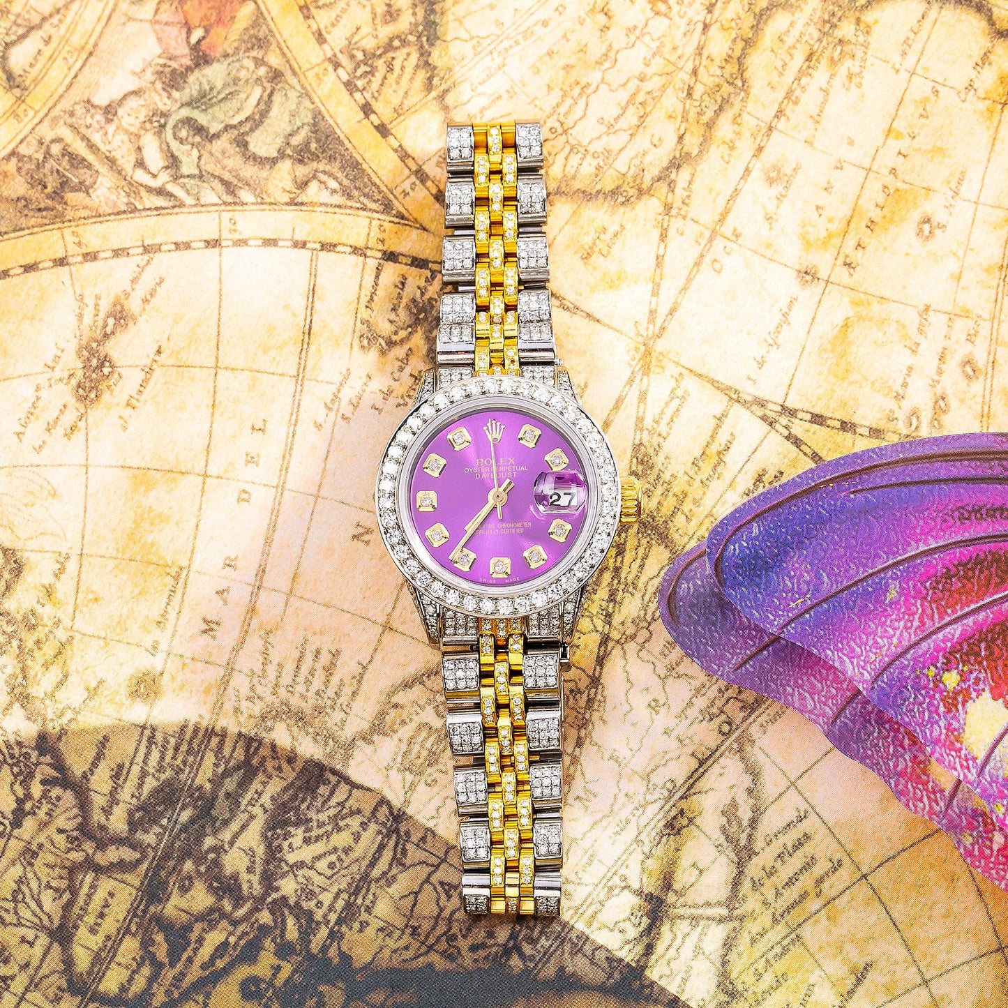 Rolex Datejust 26MM 69173 Purple Diamond Dial Diamond Bezel Two Tone Yellow Gold Full Diamond Jubilee Bracelet