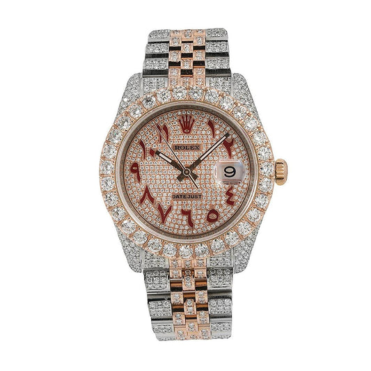 Rolex Datejust 36MM 116231 Diamond Paved Red Eastern Arabic Dial Diamond Bezel Two Tone Rose Gold Full Diamond Jubilee Bracelet 17.25ct