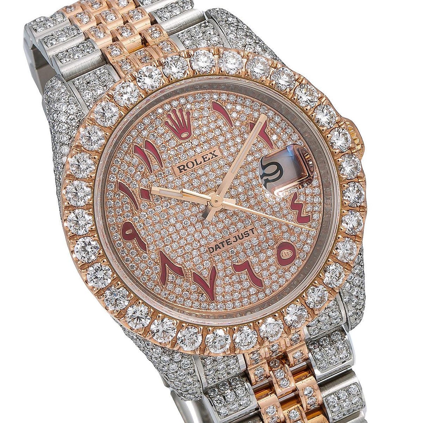Rolex Datejust 36MM 116231 Diamond Paved Red Eastern Arabic Dial Diamond Bezel Two Tone Rose Gold Full Diamond Jubilee Bracelet 17.25ct