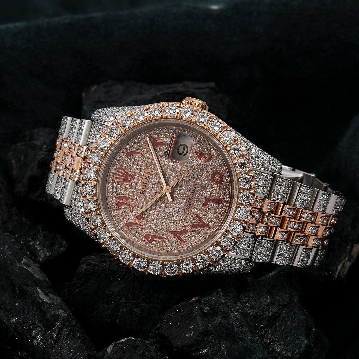 Rolex Datejust 36MM 116231 Diamond Paved Red Eastern Arabic Dial Diamond Bezel Two Tone Rose Gold Full Diamond Jubilee Bracelet 17.25ct
