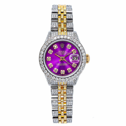 Rolex Datejust 26MM 69173 Purple Diamond Dial Diamond Bezel Two Tone Yellow Gold Full Diamond Jubilee Bracelet