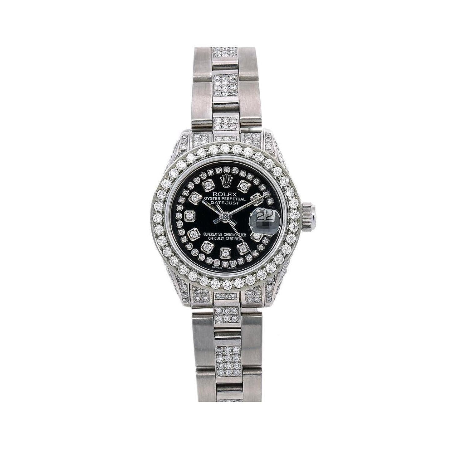 Rolex Datejust 26MM 69160 Black Roman Diamond Dial Diamond Bezel Stainless Steel Semi Diamond Oyster Bracelet 3.75ct