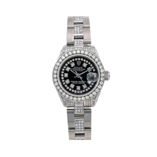 Rolex Datejust 26MM 69160 Black Roman Diamond Dial Diamond Bezel Stainless Steel Semi Diamond Oyster Bracelet 3.75ct