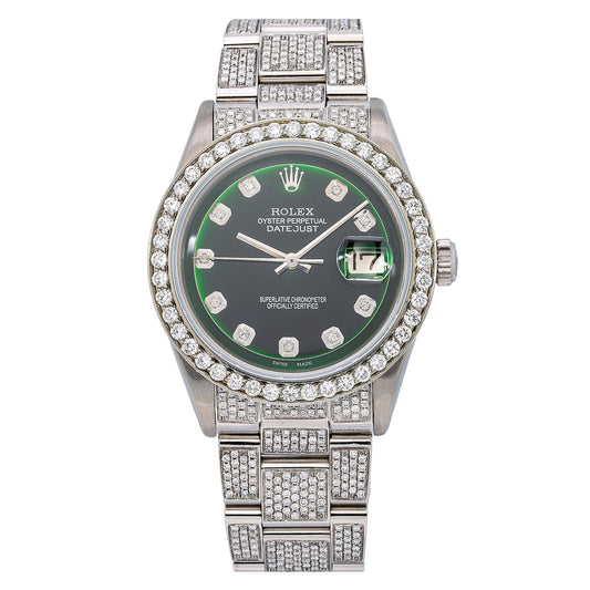 Rolex Datejust 36MM 1600 Green Diamond Dial Diamond Bezel Stainless Steel Full Diamond Oyster Bracelet
