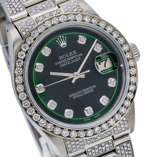 Rolex Datejust 36MM 1600 Green Diamond Dial Diamond Bezel Stainless Steel Full Diamond Oyster Bracelet