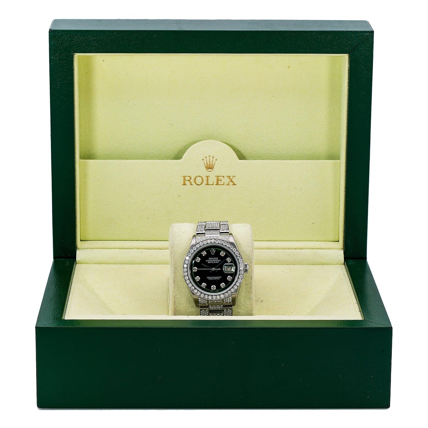 Rolex Datejust 36MM 1600 Green Diamond Dial Diamond Bezel Stainless Steel Full Diamond Oyster Bracelet