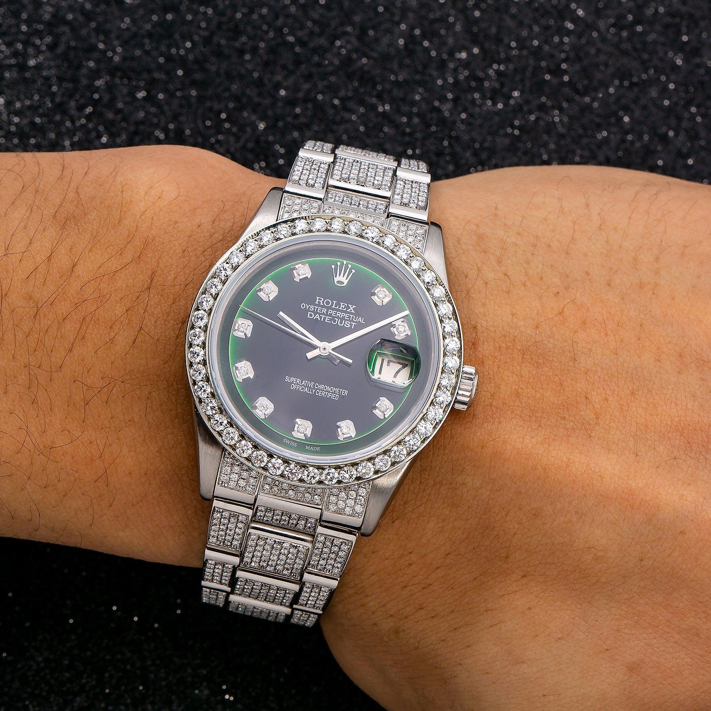 Rolex Datejust 36MM 1600 Green Diamond Dial Diamond Bezel Stainless Steel Full Diamond Oyster Bracelet
