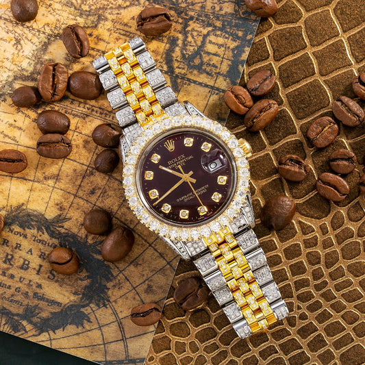 Rolex Datejust 36MM 1601 Burgundy Diamond Dial Diamond Bezel Two Tone Yellow Gold Full Diamond Jubilee Bracelet