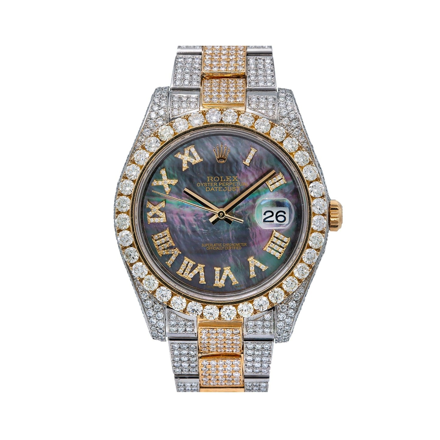 Rolex Datejust 41MM 126333 Black Mother of Pearl Roman Diamond Dial Diamond Bezel Two Tone Yellow Gold Full Diamond Oyster Bracelet 18.75ct