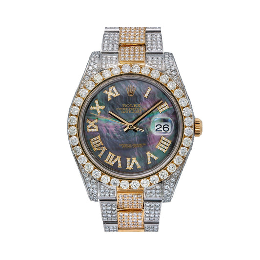 Rolex Datejust 41MM 126333 Black Mother of Pearl Roman Diamond Dial Diamond Bezel Two Tone Yellow Gold Full Diamond Oyster Bracelet 18.75ct