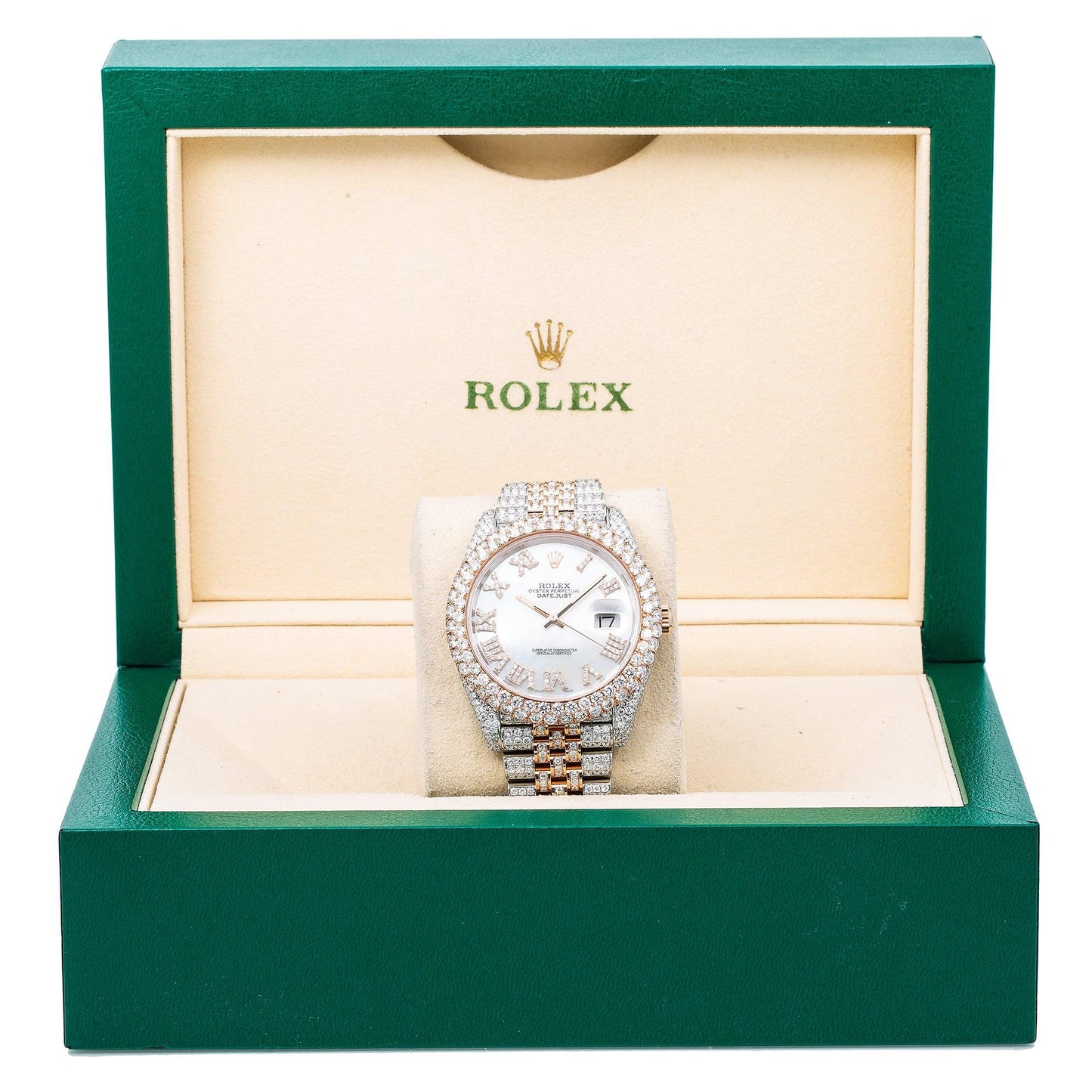 Rolex Datejust 41MM 126331 Mother of Pearl Roman Diamond Dial Diamond Bezel Two Tone Rose Gold Full Diamond Jubilee Bracelet 19.25ct