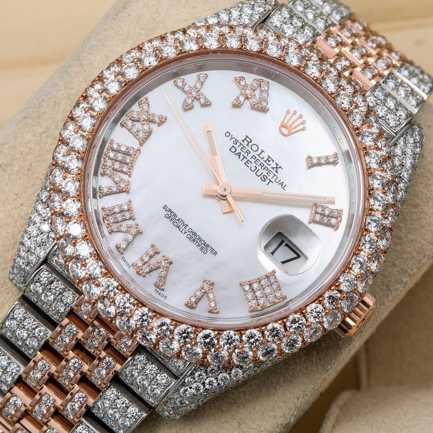Rolex Datejust 41MM 126331 Mother of Pearl Roman Diamond Dial Diamond Bezel Two Tone Rose Gold Full Diamond Jubilee Bracelet 19.25ct