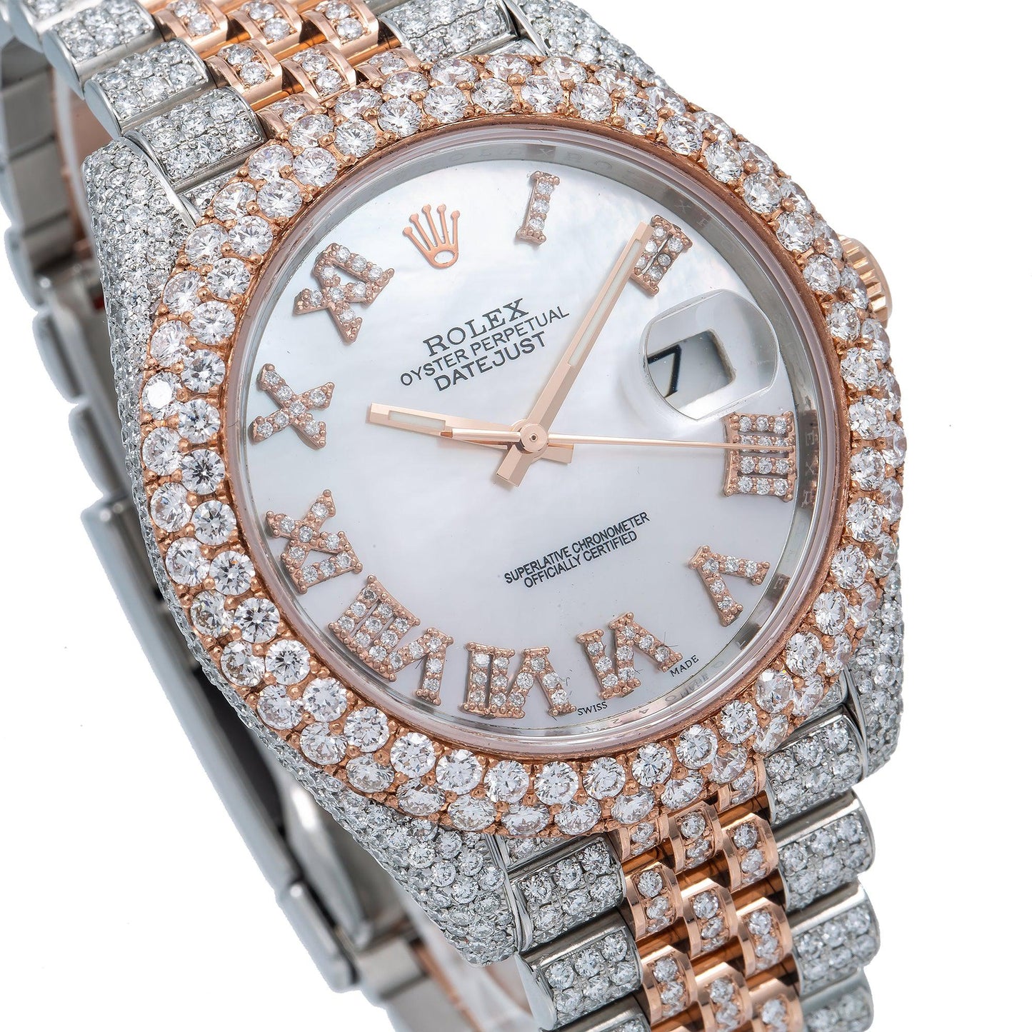 Rolex Datejust 41MM 126331 Mother of Pearl Roman Diamond Dial Diamond Bezel Two Tone Rose Gold Full Diamond Jubilee Bracelet 19.25ct