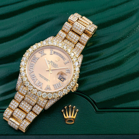 Rolex Day-Date 36MM 18038 Champagne Roman Diamond Dial Diamond Bezel 18K Yellow Gold Full Diamond President Bracelet