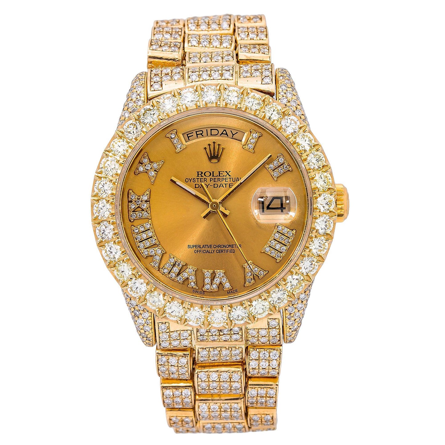 Rolex Day-Date 36MM 18038 Champagne Roman Diamond Dial Diamond Bezel 18K Yellow Gold Full Diamond President Bracelet
