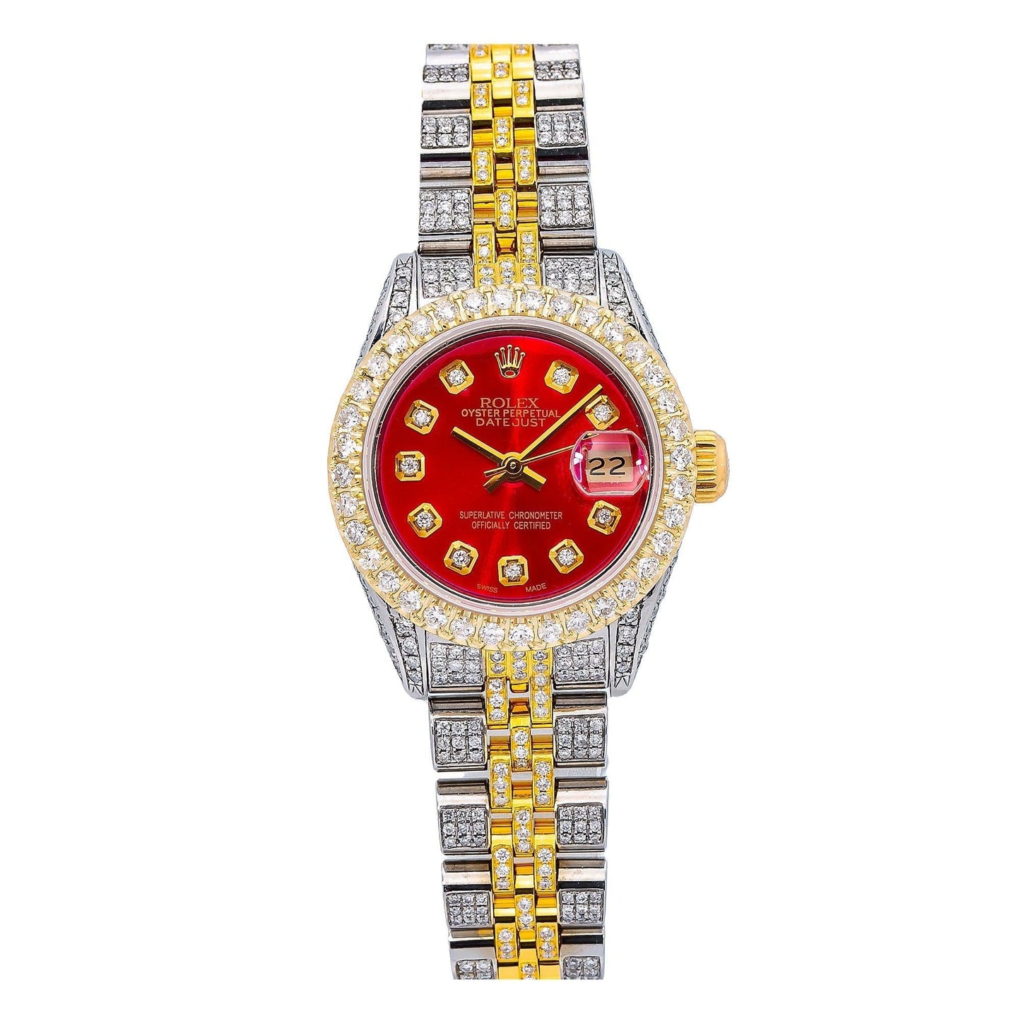 Rolex Datejust 26MM 69173 Red Diamond Dial Diamond Bezel Two Tone Yellow Gold Full Diamond Jubilee Bracelet