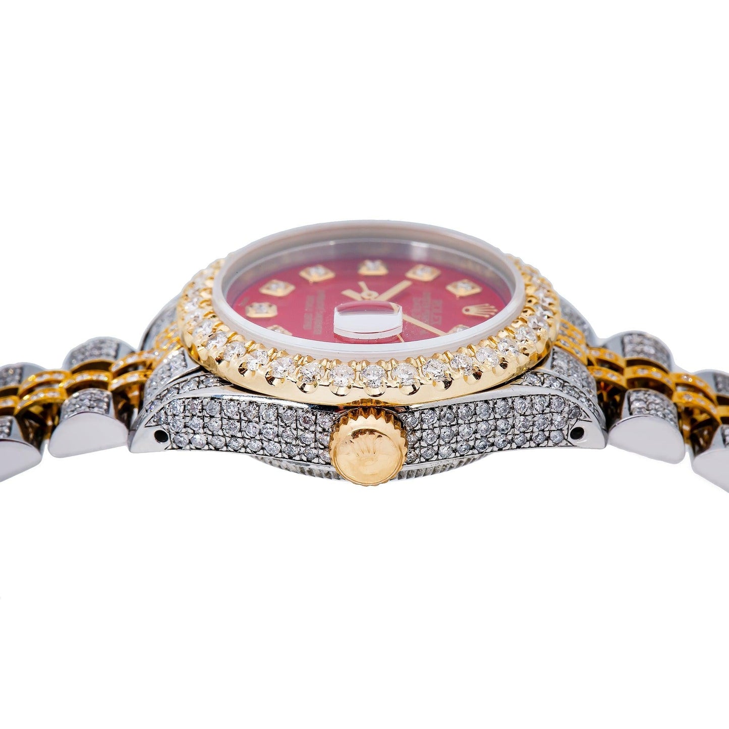 Rolex Datejust 26MM 6917 Red Diamond Dial Diamond Bezel Two Tone Yellow Gold Full Diamond Jubilee Bracelet