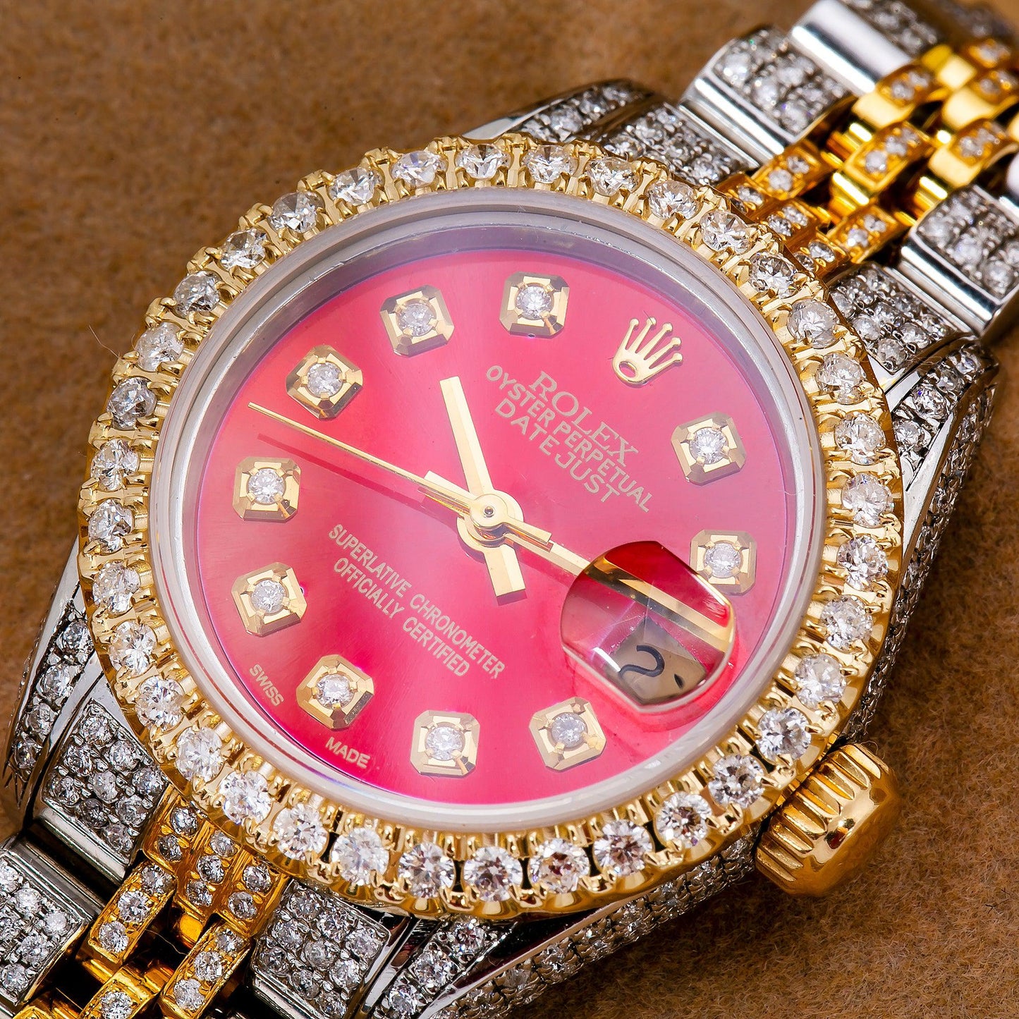 Rolex Datejust 26MM 6917 Red Diamond Dial Diamond Bezel Two Tone Yellow Gold Full Diamond Jubilee Bracelet