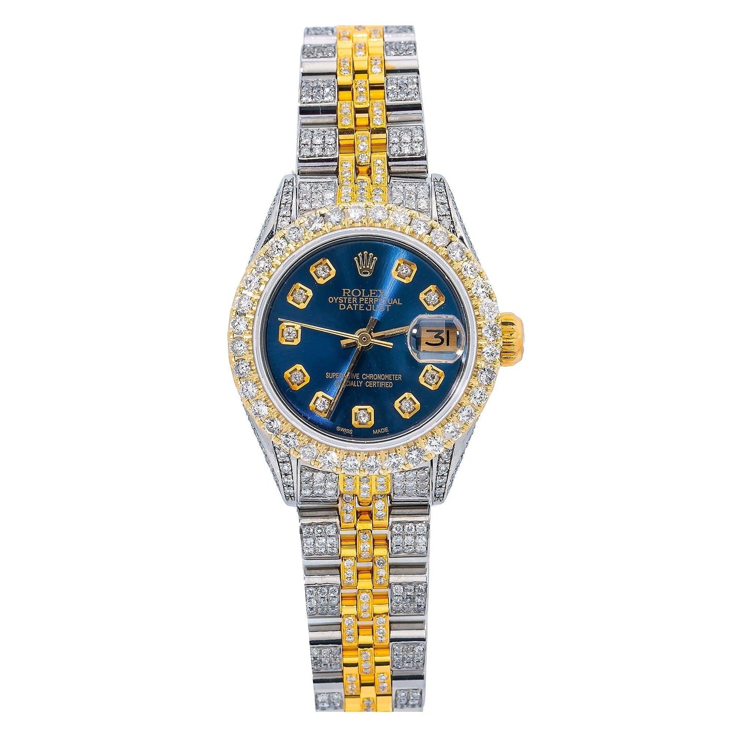 Rolex Datejust 26MM 69173 Blue Diamond Dial Diamond Bezel Two Tone Yellow Gold Full Diamond Jubilee Bracelet